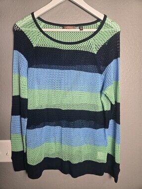 525 America Knit Crochet Striped Blue & Green Sweater Size Large